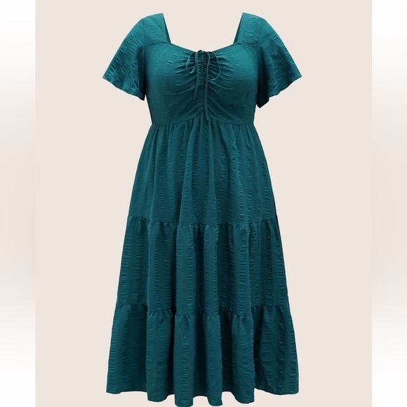 BloomChic Plain Ruched Drawstring Pocket Ruffle Tiered Dress - Picture 6 of 7